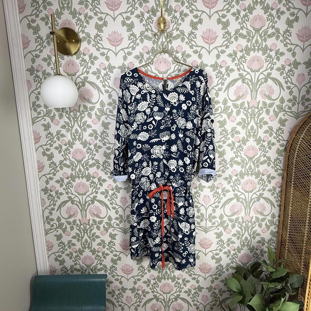 Hatley UK Navy Blue Floral Print Dress with Red Waist Tie - Size - Large